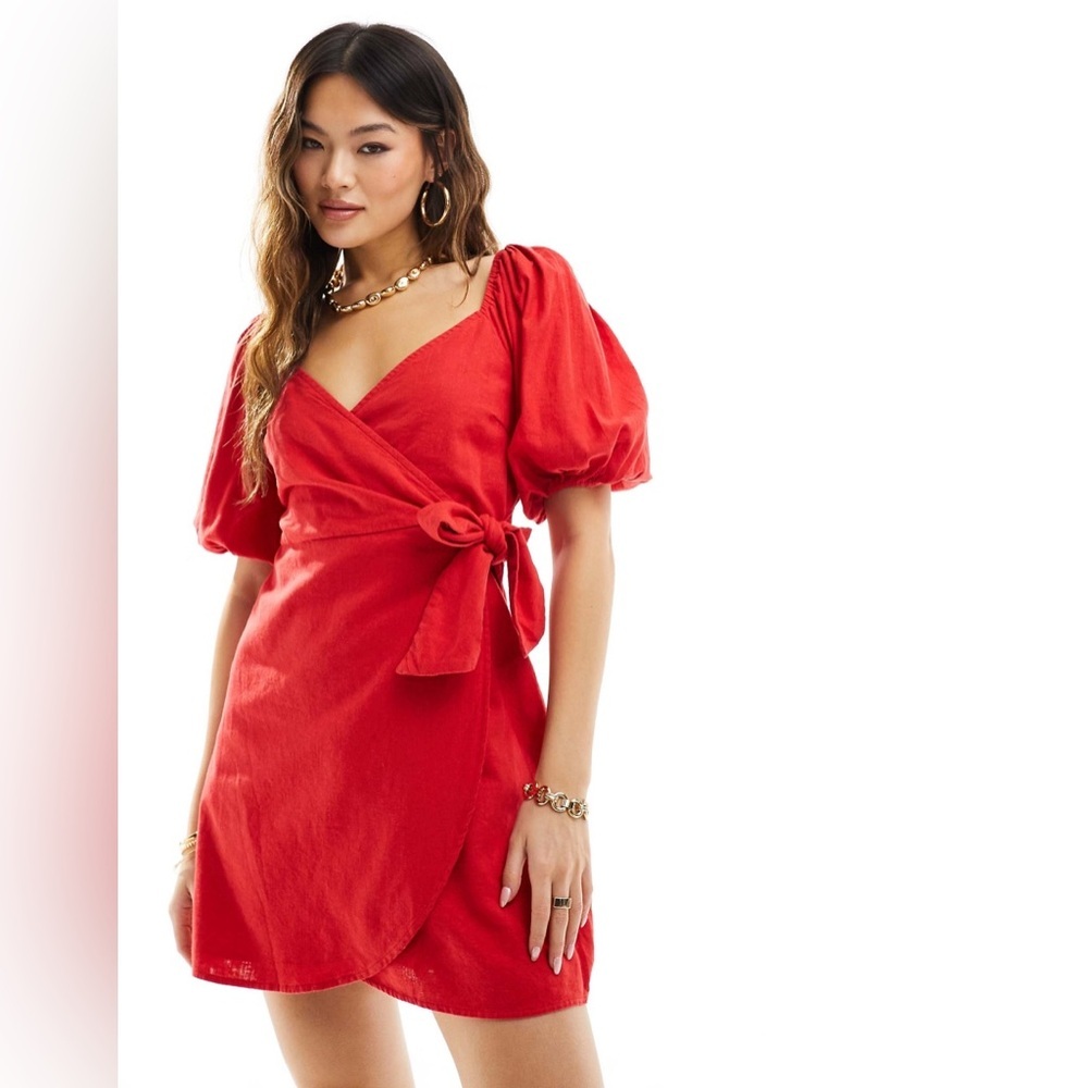 Abercrombie & Fitch Red Puff-Sleeve Wrap Mini Dress
